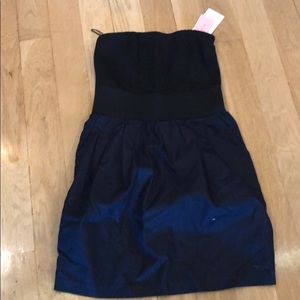 Black and denim strapless dress
